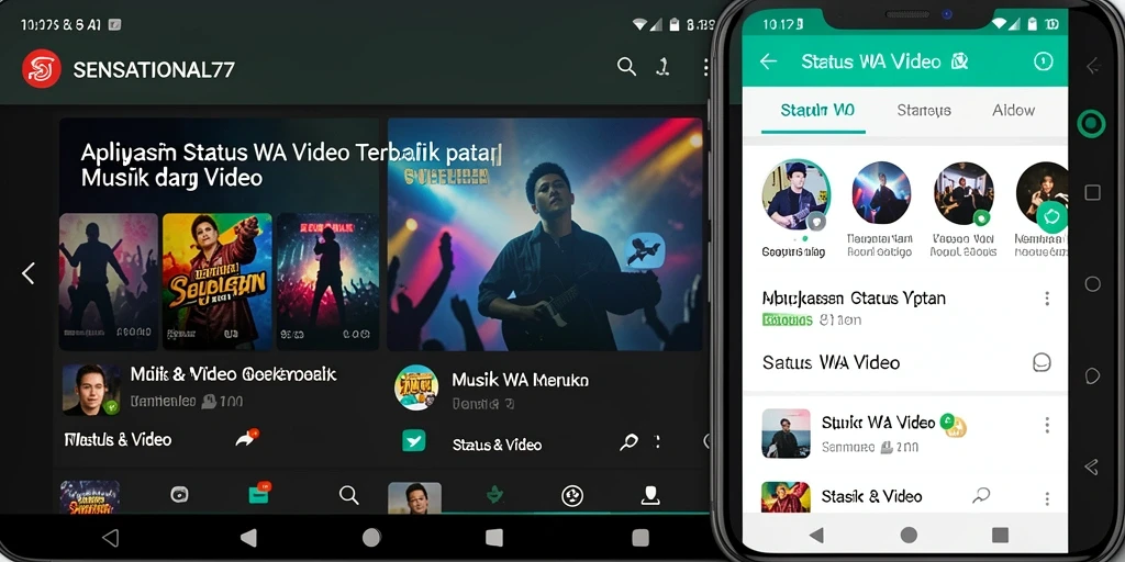 Antarmuka aplikasi SENSATIONAL77 dengan berbagai pilihan video status WA.