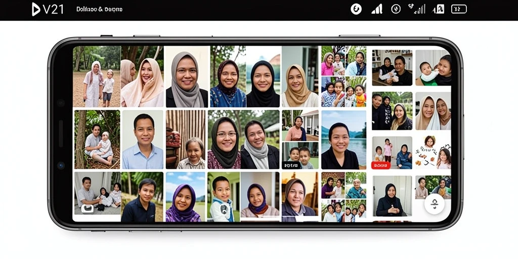Antarmuka V21 menampilkan berbagai fitur kolase foto yang menarik.